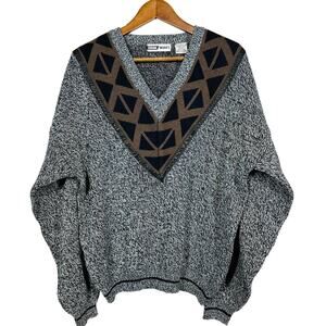 Vintage 80s Urban Works V Neck Dad Sweater Leather Trim Black White - L